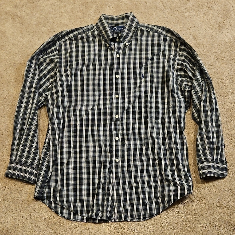 Ralph Lauren Navy, Green, and White Plaid Button Down Shirt